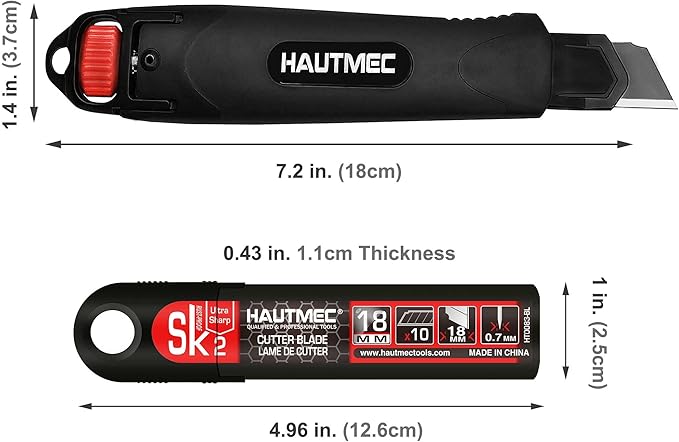 HAUTMEC 18mm Utility Knife, Heavy Duty Box Cutter with Double Lock Mechanism, SK2 Sharp Black Blade with 10pc Blade Set, Double Safety, for Industrial or Construction Applications HT0153-KN