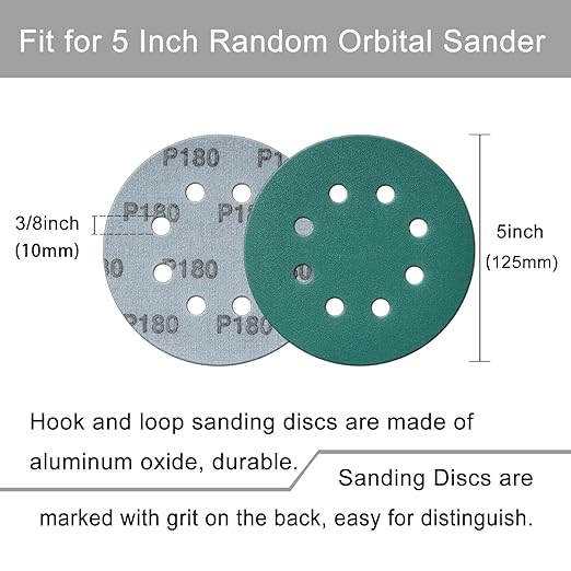 5 Inch 8 Hole Sanding Discs, 50 Pcs Wer Dry Sandpaper 180 Grit Hook and Loop Green Polyester Film Backed Sanding Disc for Random Orbital Sander Wood Car Metal Plastic (180 Grit, 50 Pack)