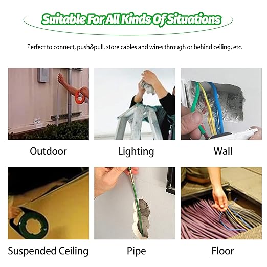 33 Ft Fiberglass Cable Wire Running Pull Push Kit Coaxial Electrical Connectable Fish Tape with Hook and Hole Kit in Transparent Tube Green