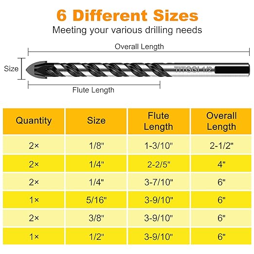 10PCS Masonry Drill Bit Set & Concrete Drill Bit Set, Extension Professional Carbide Drill Bit Set for Glass/Brick/Plastic/Cement/Wood/Tile/Etc, 1/8"-1/2" by TITGG