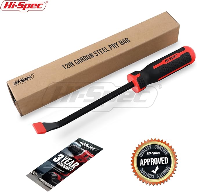 Hi-Spec 1pc Carbon Steel Pry Bar Set - 12" (1ft) / 0.3m" Size with Heavy Duty Striking Cap. Ergonomic Comfort Hold Handles for Home & Garage DIY Jobs