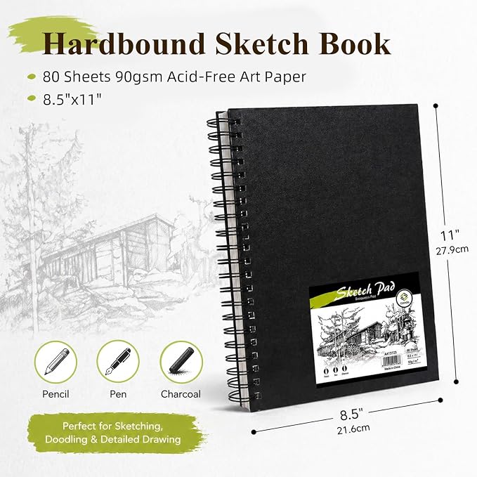 Conda 8.5"x11" Hardbound Sketch Book, 80-Sheets 90gsm Double-Sided Hardcover - Image 2