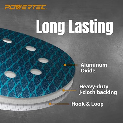 POWERTEC 5 Inch 8-Hole Hook and Loop Diamond Shaped Sanding Discs, 50PK, 120 Grit for Random Orbital Sanders – J-Weight Cloth Backing for Long Life, Anti-Clog Sandpaper (44912)