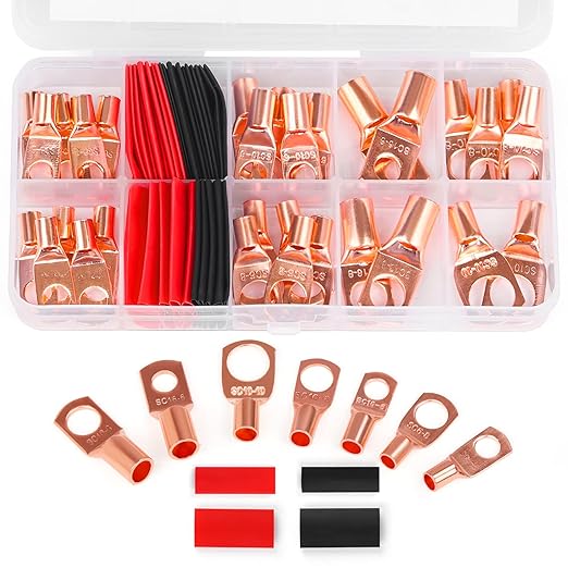 Copper Wire Lugs,Terminal Connectors,Used on AWG12 10 8 6 4 2 Cable,Heat Shrink Set,Bare Copper Eyelets,Ring Terminals Connectors,30Pcs Battery Cable Lugs Ends and 30Pcs Heat Shrink Tubing (60PCS)