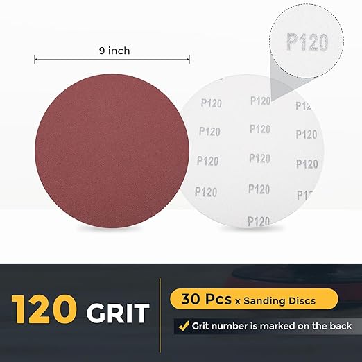HARFINGTON 30 Pcs 9 Inch Sanding Disc 120 Grit Hook and Loop Sandpaper Random Orbital Sander Pads for Woodworking Automotive Metal Polishing