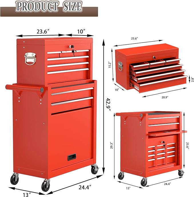 8 Drawer Tools Chest,42.9 inch Tool Cabinet with Universal Lockable Wheels，Organizable Tool Box with Detachable Top Box for Workshop，RED