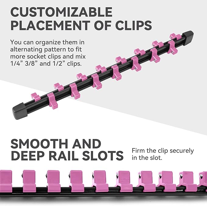 ALOANES 9pc ABS Socket Organizer Set, 1/2, 3/8 & 1/4 inch Drive Rail Holders, Heavy Duty Racks with Black Rails & Pink Clips