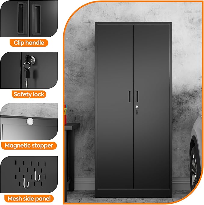 Aobabo Metal Cleaning Tool Storage Cabinet with Lockable Door, 13 Hooks and Towel Racks, Broom Closet Storage Cabinet for Janitorial Supplies, 71.37" H×33.93" W×16.92" D, Assembly Required, Black
