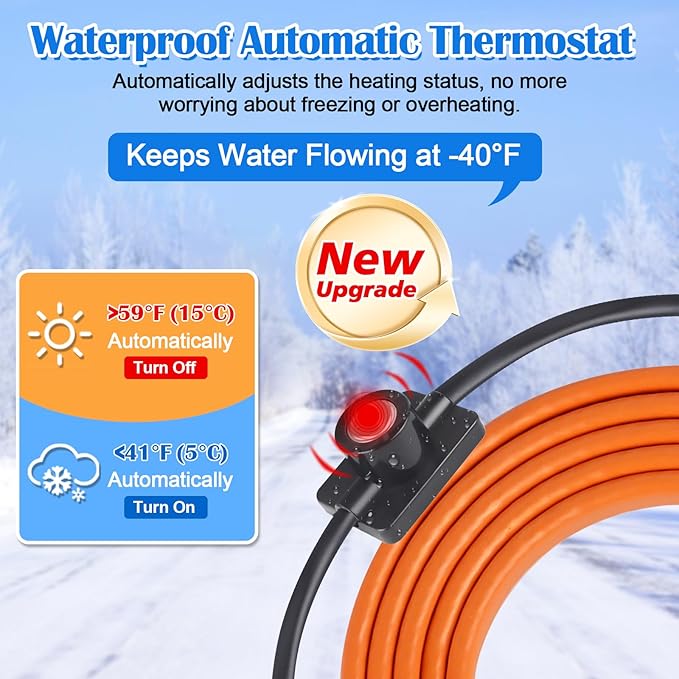 FANOVO Pipe Heat Tape with Thermostat, 12ft Heat Tape for Water Pipes, Heating Tape for Water Pipes or Hose, Self Regulating Heat Tape Cable, for Metal Plastic Pipes and Roof RV Freeze Protection