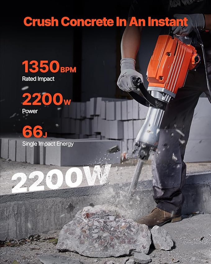 VEVOR Demolition Jack Hammer, MAX 2200W Electric Jackhammer Heavy Duty, 1350 BPM Concrete Breaker 2pcs Chisels Bit Chipping W/Case