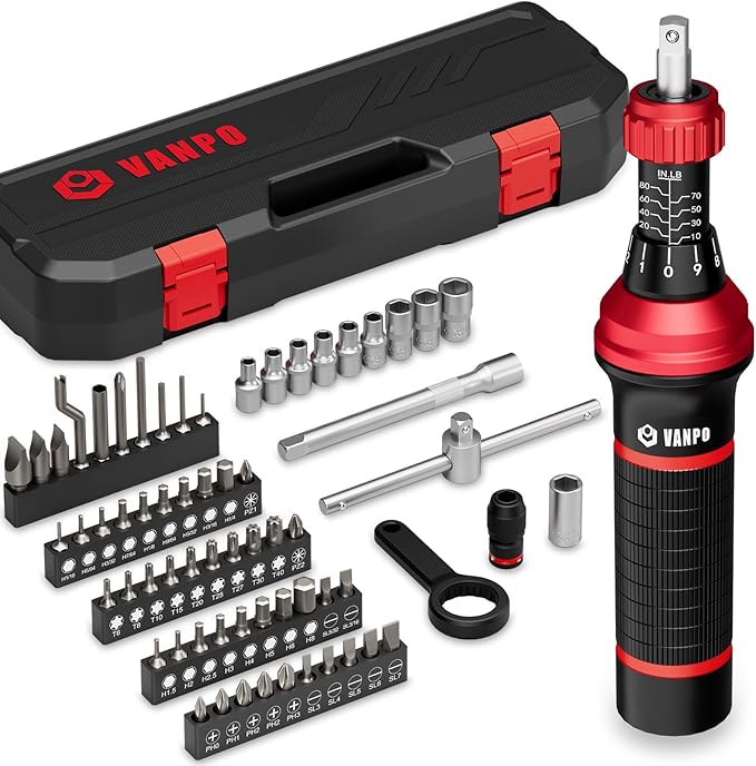 Torque Screwdriver, 64 Pcs 10-80 Inch Pound Torque Screwdriver Set with T-bar Handle, Flat, Hex, Torx, and Bits,Torque Wrench Screwdriver for Tools, Bike Repairing and Mounting