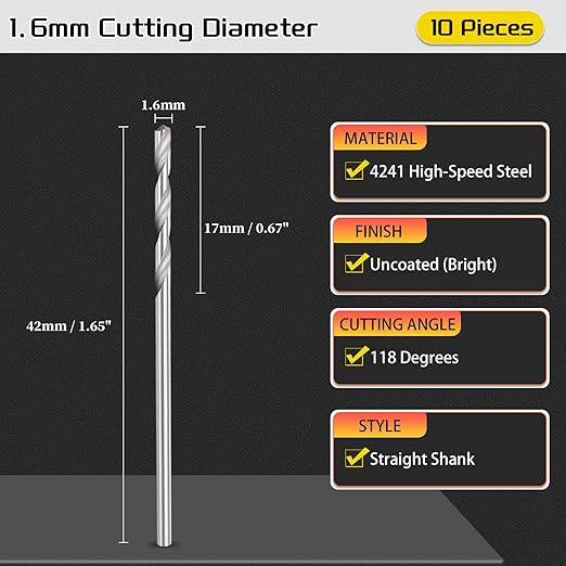 Drill Bit, 1.6mm Cutting Diameter, 4241 HSS 118° Cutting Angle Uncoated Bright Versatile Jobber Bits - (Applications: for Drilling Plastic Wood Soft Metal), 10-Pieces