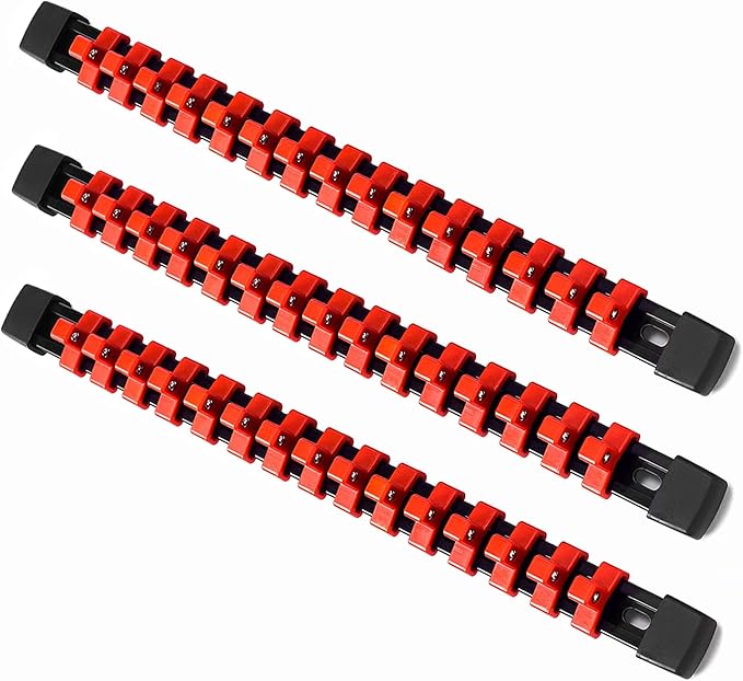 ALOANES 3 PC ABS Socket Organizer, 3/8 inch, Drive Socket Rail Holders, Heavy Duty Socket Racks, Black Rails with Red Clips