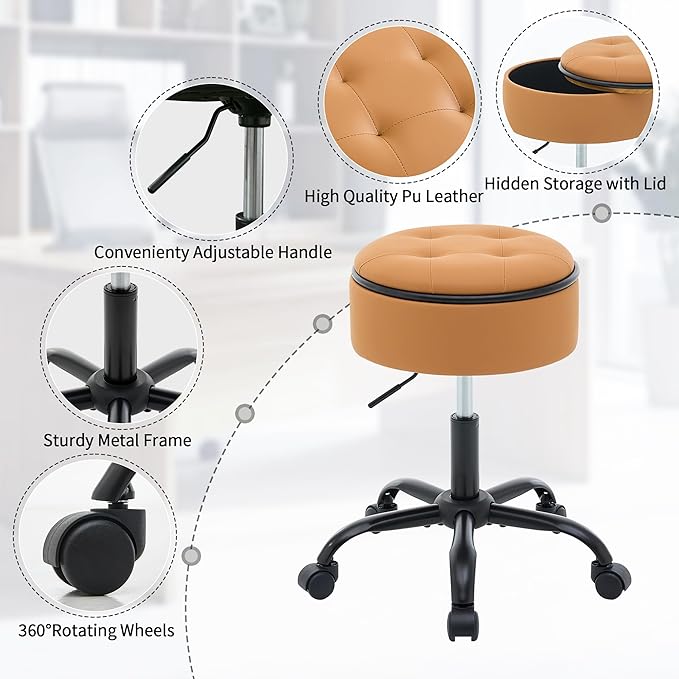 Drafting Chair with Wheels (Stool & Small Table in One) (Adjustable Office Chair 20.67"-24.61"), Caramel Brown Rolling Stool with Storage