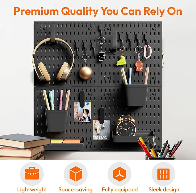 4Pcs Black Peg Board Wall Organizer, Plastic Pegboard Panel, Garage Storage Tool Organizer for Wall, Craft Room, Kitchen, Workshop, Office, Includes Hooks and Bins