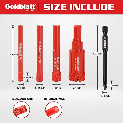 Goldblatt Diamond Drill Bits, 5 Pcs Set 1/4"", 5/16"", 3/8"", 3/4"" Drill Holesaw and 6mm Carbide Drill with Quick Fit Hex Shank for Ceramic Porcelain Tile Marble Granite (not for Wood), G02643