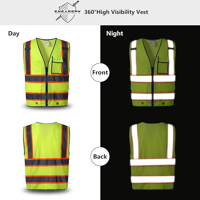 SKSAFETY 10 Pockets Safety Vest, Class 2 High Visibility Security with Zipper Back Mesh, Hi Vis Vest with Reflective Strips, ANSI/ISEA Standard, Construction Work Vest for Men ＆ Women （Lime, 3XL）