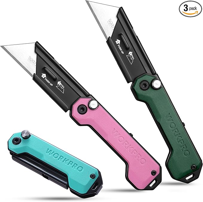 WORKPRO 3-Pack Folding Utility Knife, Compact EDC Box Cutter with G10 Handle, Axis Lock & Belt Clip, Quick Change Blade Razor Knife for Cardboard, Plastic, Cartons, Leather & Rope