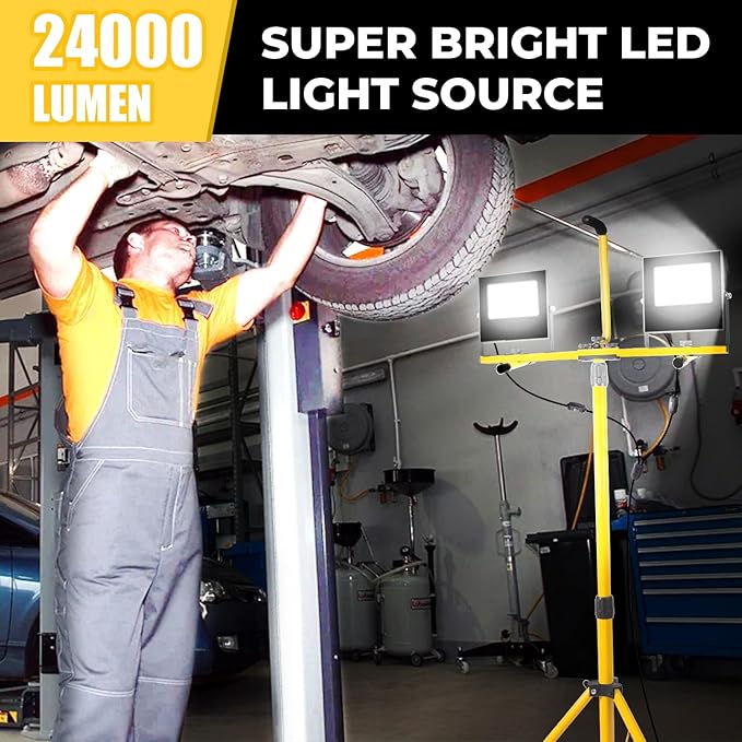 24000 Lumen Work Lights with Stand, Floodlight Works Light Adjustable 2 Head Tripod Work Light IP67 Waterproof Tripod Work Lights Stand