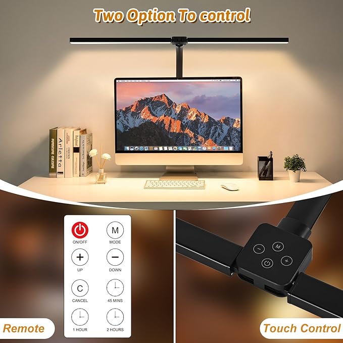 LED Desk Lamp for Office Dorm Home - Eye Caring Desk Light with Timer, Remote Control 24W 5 Color Brightest Dual Screen Computer Monitor Gooseneck Dimmable Table lamp with Anti-Glare Cover Base