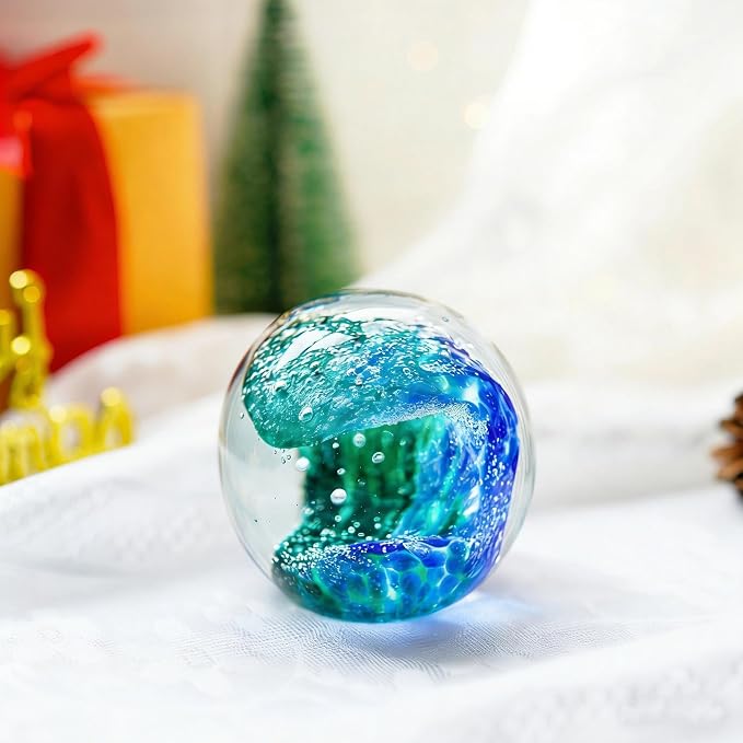 QFkris 3'' Hand Blown Glass Ocean Waves Ball Figurine, Glass Art Bubble Waves - Image 5