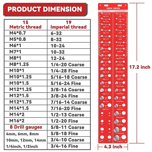 42 Thread Checker - Nut and Bolt Size Gauge With 19 Standard & 15 Metric Identifiers, 8 Drill Bit Gauge From #6 to 3/4"