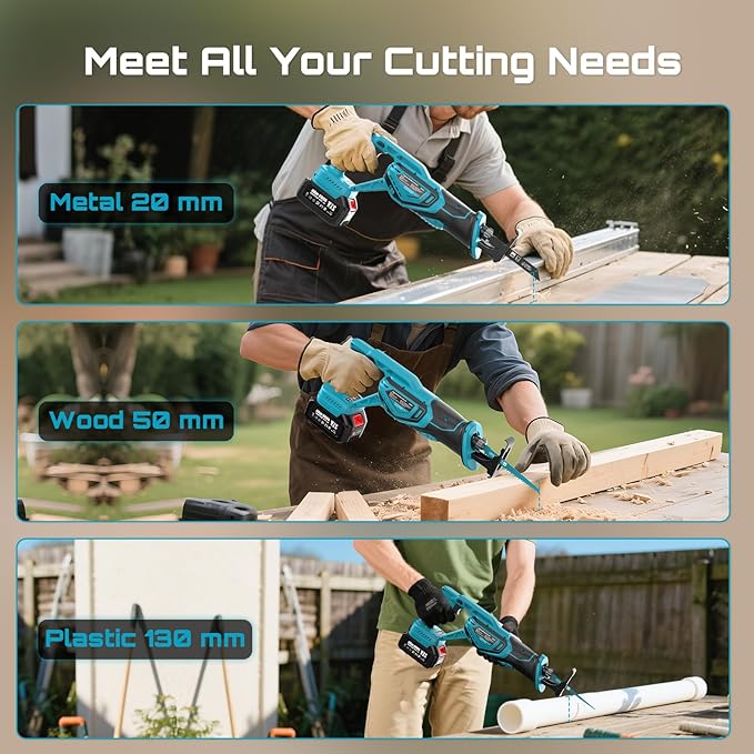 Seesii Reciprocating Saw Cordless, 3300 RPM Brushless Motor with 2 x 4.0Ah Batteries, 8 Saw Blades Portable for Wood PVC Cutting