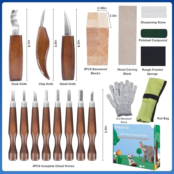 Wood Carving Tools, 26pcs Hand Carving Tool Set Wood Whittling Knife Kit with 3pcs Templates & 8pcs Wood Carving Knives 3 for DIY Sculpture Carpenter Experts & Beginners