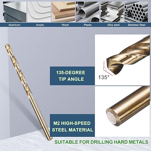 METALLIXITY Drill Bit (#28) 12Pcs, M2 High-Speed Steel Micro Number Bits Spiral Flute 135°Point Tip Gold Finish for Stainless Steel Iron Copper Aluminum Hard Metal