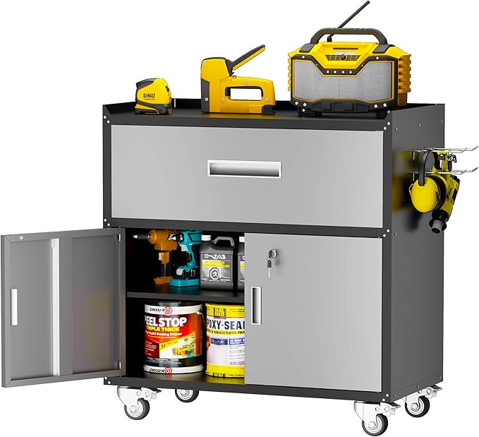 Metal Garage Storage Cabinet with Wheels, Lockable Rolling Tool Chest with Wheels, Tool Cabinet on Wheels, Utility Cabinet for Home, Office, Garage and Workshop, Black & Gray