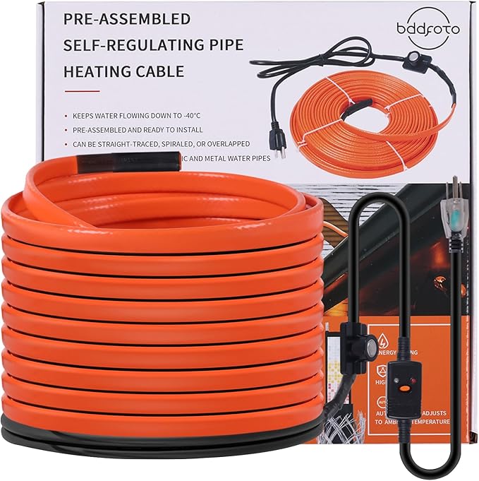 60FT Heat Tape for Water Pipes Freeze Protection IP65 Waterproof 7W/FT 110V BDDFOTO Heat Cable With GFCI Protection and Thermostat,Self-Regulating Pipe Heater for Roof/RV/Water Storage Tank