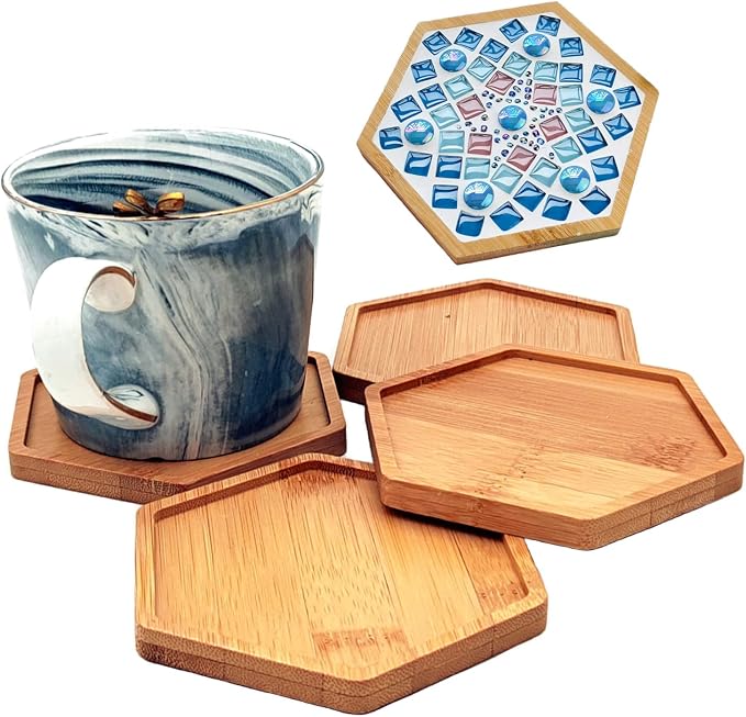 4PCS Mosaic Bamboo Coasters for Crafts, Blank Base Trays, Drinking Cup Coaster by Esweny