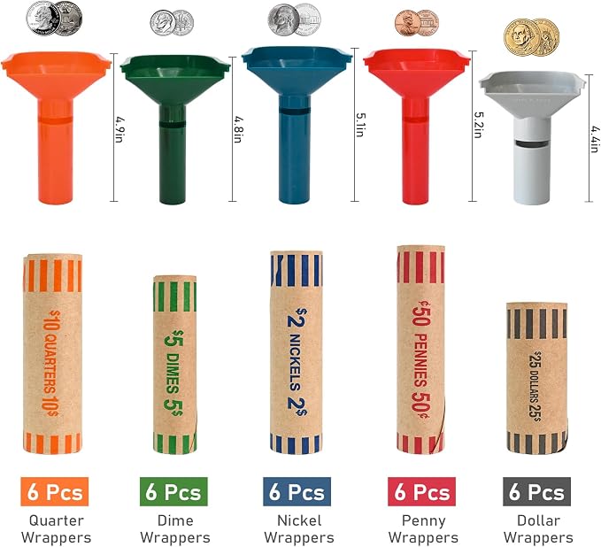 L LIKED 30 Assorted Preformed Coin Wrappers & 5 Coin Sorters Tubes, Color-Coded - Image 2