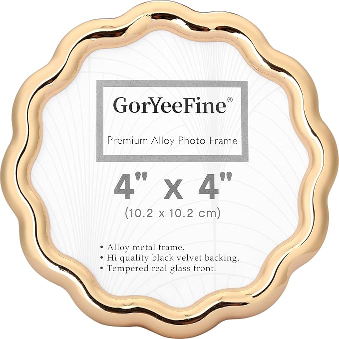 High-End Gold 4x4'' Round Zinc Alloy Picture Frames, Unique Wave Design by GorYeeFine