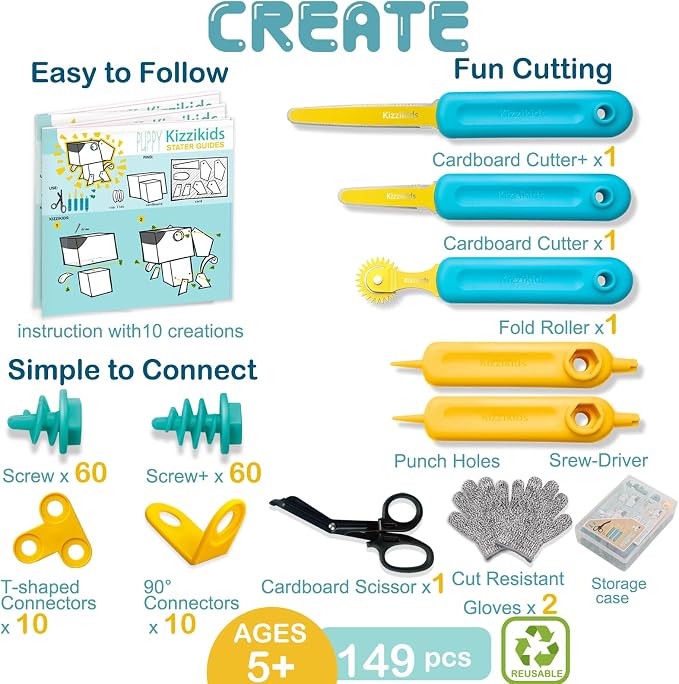 Kizzikids Cardboard Tools for Kids, Safe Cutter STEM Construction Kit | 149 PCS - Image 7