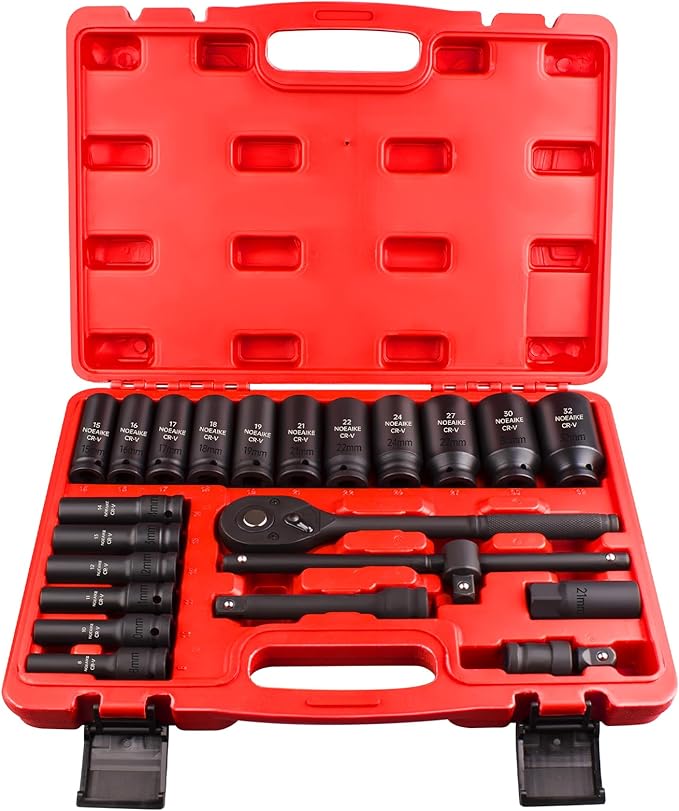 Socket Set,22 Pcs 1/2-Inch Drive Metric Deep Impact Socket Set,Cr-V Steel Sockets Size 8mm-32mm 6-Point,Includes Extension Bar,Universal Joint,1/2”Spark Plug Socket and Ratchet Handle