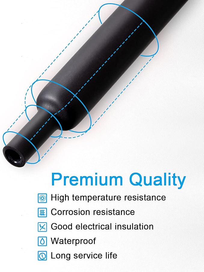 MILAPEAK 36pcs 3:1 Dual Wall Adhesive Heat Shrink Tubing, 6 Large Sizes (Diameter): 1.5, 1.25, 1, 3/4, 1/2,1/4-inch, Marine Glue Lined Cable Sleeve, Electrical Wire Wrap Protector for DIY (Black)
