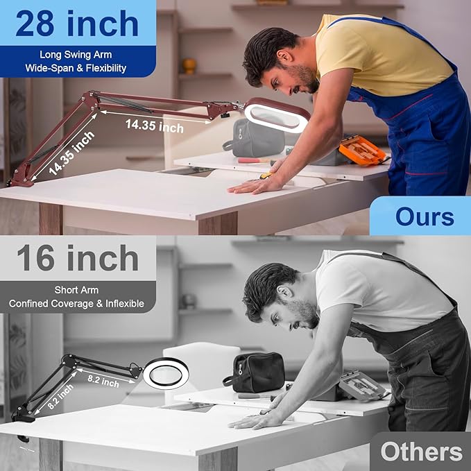 10X Rectangle Magnifying Glass with Light and Clamp, 5 Color Modes Stepless Dimmable, Lighted Magnifier with Stand Hands Free, Flexible Swing Arm LED Desk Lamp for Close Work, Craft, Reading - Red