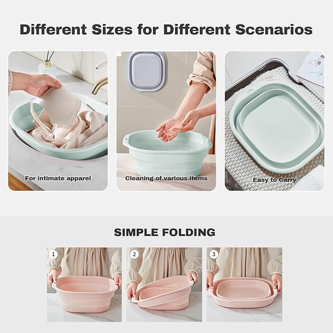 Collapsible Wash Basin Set of 3, Foldable Large Medium Small Wash Basins, Portable Plastic Basins for Laundry, Bottles, Travel, Camping (Green)