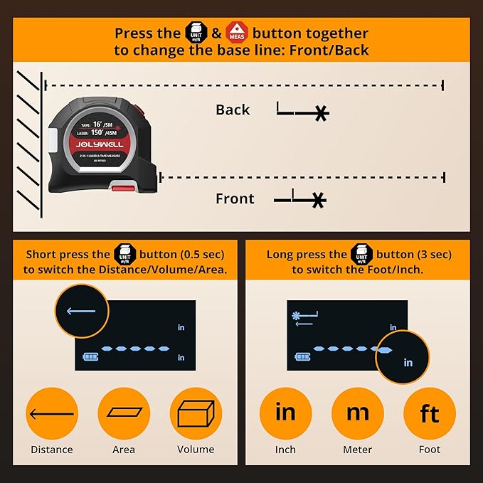 2-in-1 Laser Tape Measure, 152Ft Rechargeable Laser Measurement Tool & 16Ft Self-Locking Tape, Movable Magnetic Hook, Supports Ft/in/M, Area, Volume, Pythagoras for Construction, DIY, Woodworking