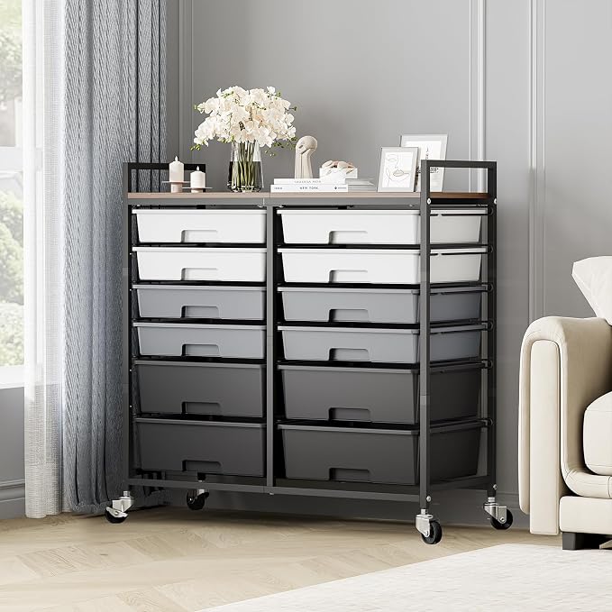 Rolling Storage Cart with 12 Drawers, Wooden Tabletop Utility Cart - Image 9