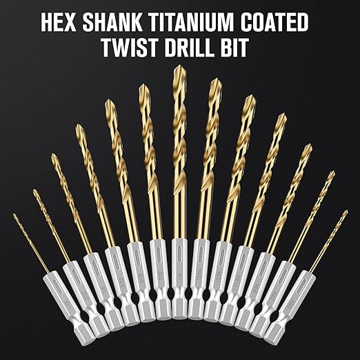 Hex Shank Drill Bit Set, 13Pcs HSS Titanium Twist Drill Bit for Sheet Metal, Wood, Plastic, Quick Change Design (1/16" - 1/4")