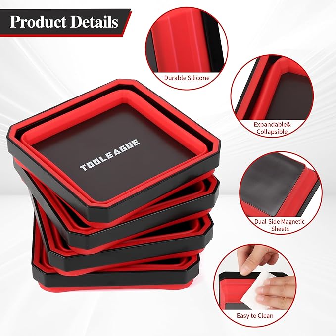 TOOLEAGUE 4Pcs Collapsible Magnetic Parts Tray Set with 15Lb Magnetic Pickup Pen,4.5" Square Silicone Foldable Tool for Organizing Screw Bolts Nuts Washers Pins and Other Small Metal Parts