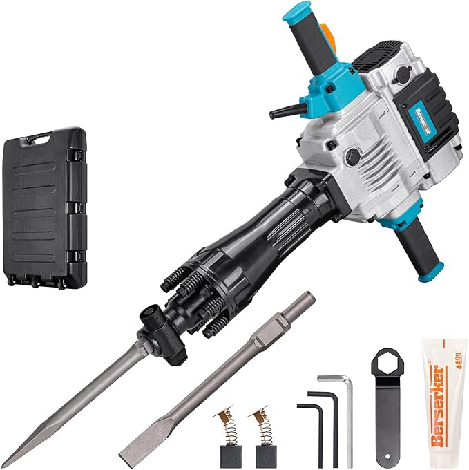 Berserker 2100W 50-Pound Demolition Jack Hammer with 1-3/16" Hex, 17-Amp Corded Electric Heavy Duty Demo Chipping Hammer Concrete/Pavement Breaker with Carrying Case Flat Chisel Bull Point Chisel