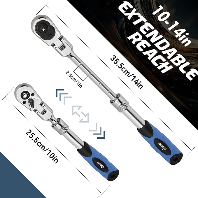 DISEN 3/8" Drive Extendable Ratchet,72-Tooth Flex-Head Ratchet Wrench with Quick Release Locking，Soft-Grip with Reversible Switch,Full-Polished Chrome Plating