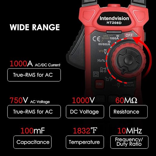 Intendvision Inrush Clamp Meter 1000A True RMS AC/DC Current Amp Meter, VFD, LOZ Mode, 6000 Counts, Measures Current Voltage Temperature Capacitance Resistance Diodes Continuity Duty-Cycle