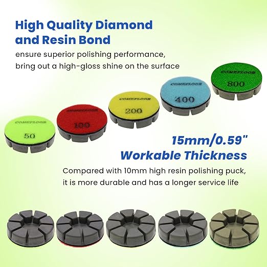 Diamond Floor Polishing Pucks for Terrazzo, Marble, Granite, Concrete Floor, 3 Inch 15mm Resin Bond Hook and Loop Polishing Pad, 50#, 3PCS