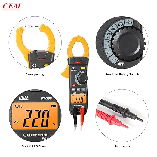 CEM Digital Clamp Meter with O-Shaped Jaw, Auto-ranging Voltage Tester with Flashlight Backlight, Clamp Multimeter for Measuring AC/DC Voltage AC Current Temperature Continuity Diode NCV DT-380