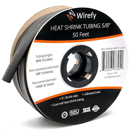 Wirefy 5/8" Heat Shrink Tubing - 3:1 Ratio - Adhesive Lined - a resistant Heat Shrink - Black - 50 Feet Roll