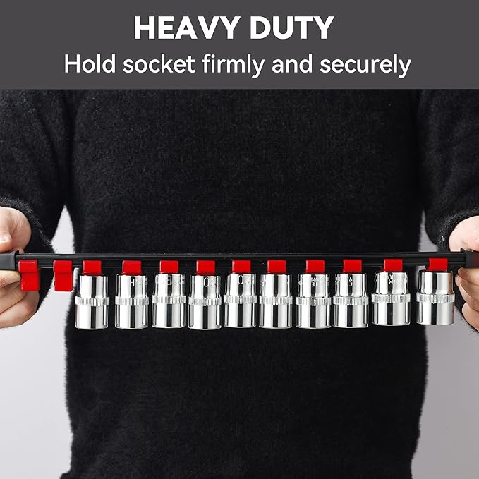 ALOANES 9 PC ABS Socket Organizer, 3/8 inch, Drive Socket Rail Holders, Heavy Duty Socket Racks, Black Rails with Red Clips